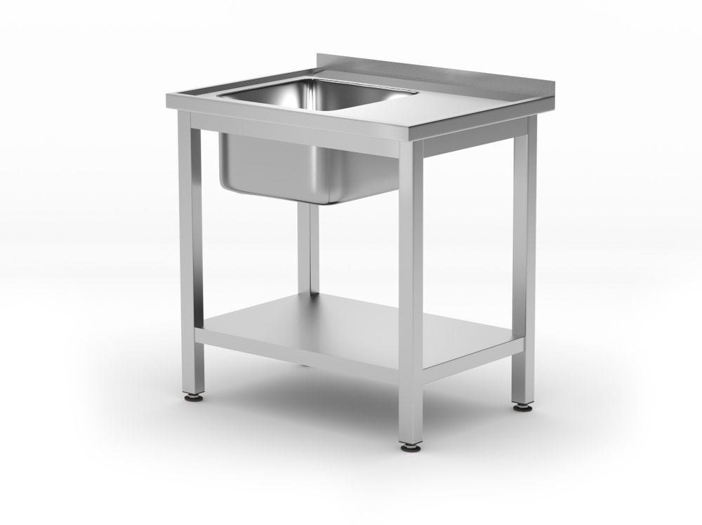 Spoeltafel met enkele spoelbak en legplank - voor zelfmontage, HENDI, Kitchen Line, Linkerkant, 800x600x(H)850mm