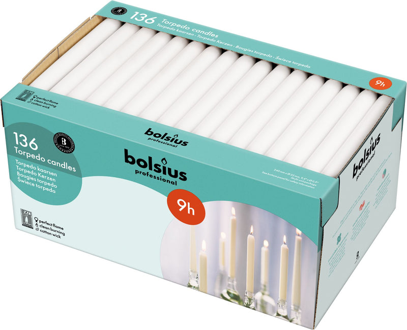 Bolsius Professional, Torpedokaarsen, Wit 24cm, 9 uur, 136 stuks