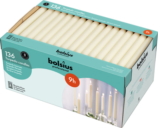 Bolsius Professional, Torpedokaarsen, Ivoor 24cm, 9 uur, 136 stuks