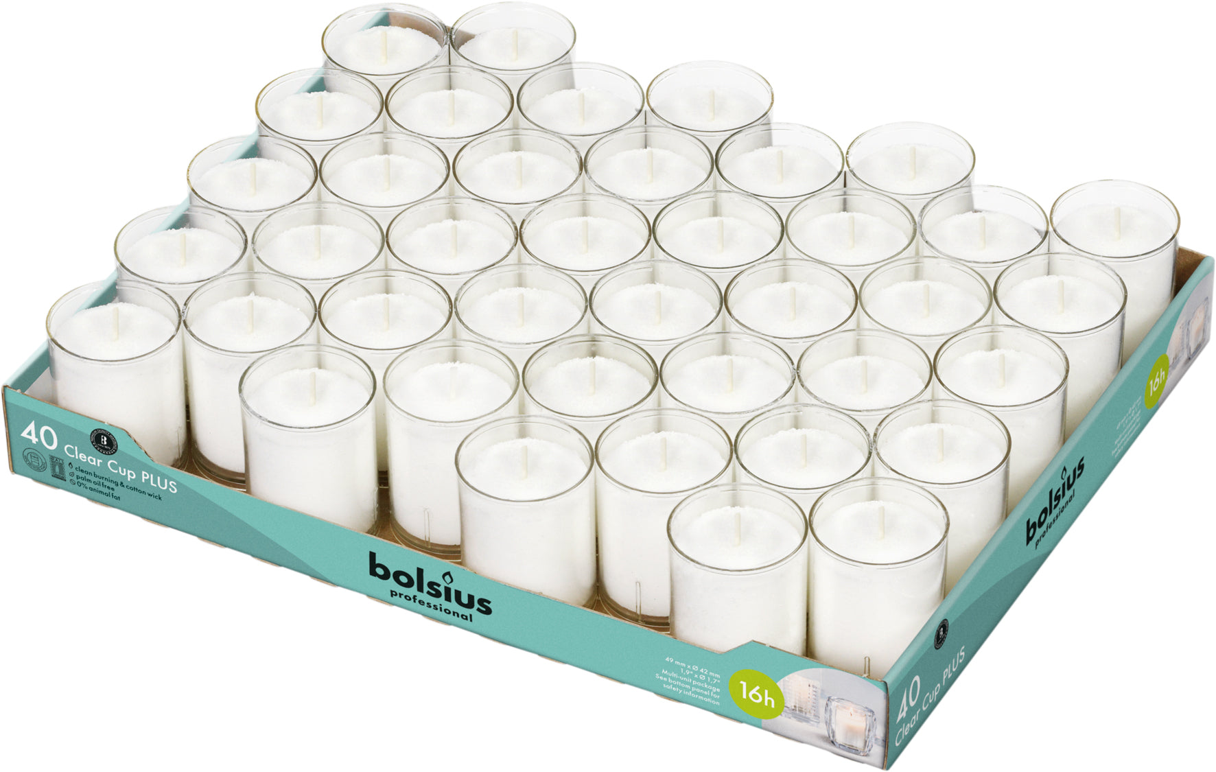 Bolsius Professional Clear Cups waxinelichtjes Wit, 40 stuks, 16 uur brandtijd