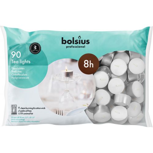 Bolsius Professional, Waxinelichtjes 8 uur, Zilverkleurige cup, 90 stuks