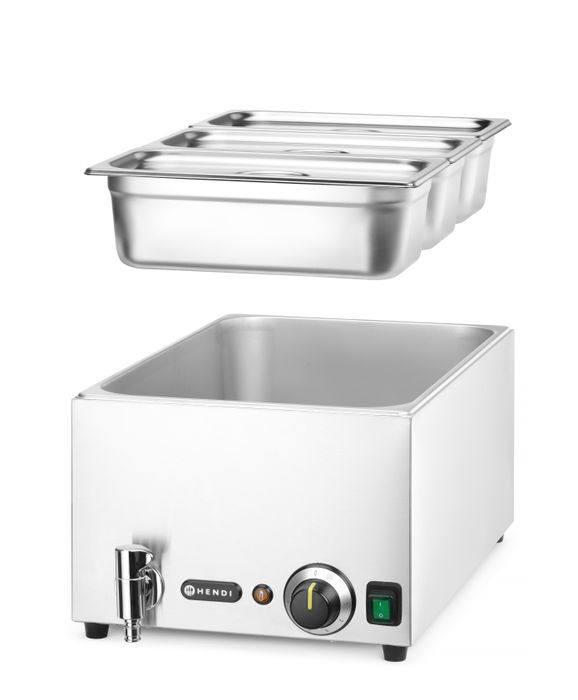 Hendi Bain-marie met afvoerkraan GN 1/1 met 3x GN 1/3 Bak + deksel, 604x332x(H)242mm