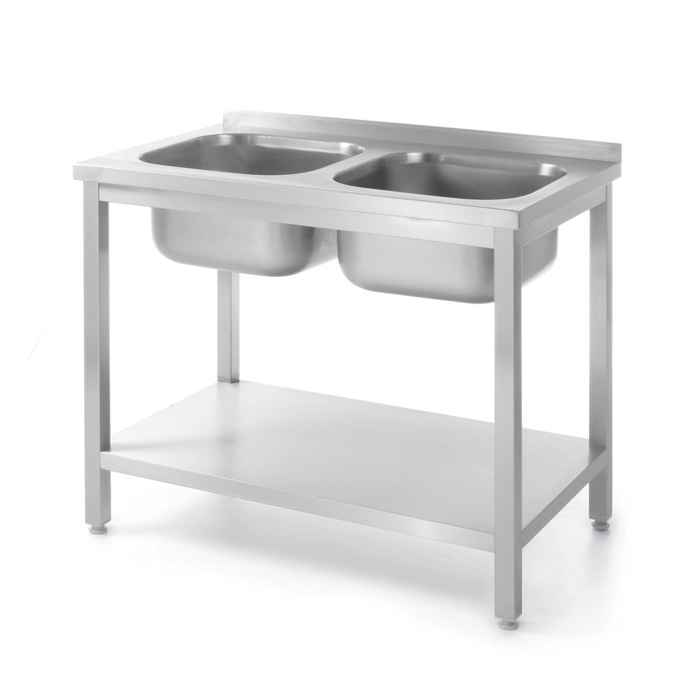 Dubbele spoeltafel met schap Budget Line – geschroefd, HENDI, Budget Line, Twee wasbakken, 1000x600x(H)850mm