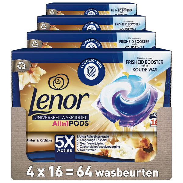 Lenor All in 1 Wasmiddel Pods, Amber & Orchidee, 4 x 16 Capsules, Voordeelverpakking