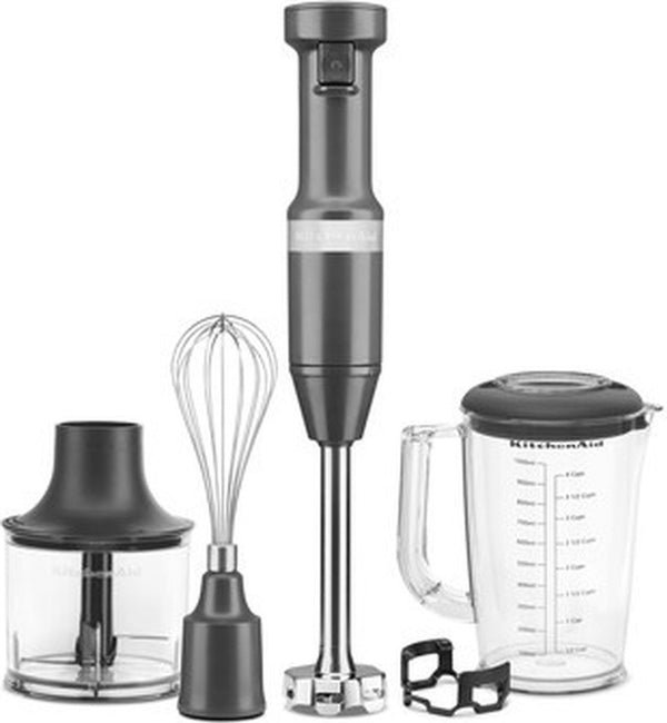 Professionele Kitchenaid Staafmixer Set 20cm - Grijs - Garde + Hakmolen + Mengbeker + Panbeschermer - Charcoal Grey