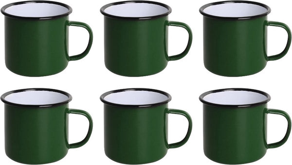 Olympia Emaille Mok 35cl - Emaille Beker Groen / Zwart - Emaille Servies ( Set van 6 )