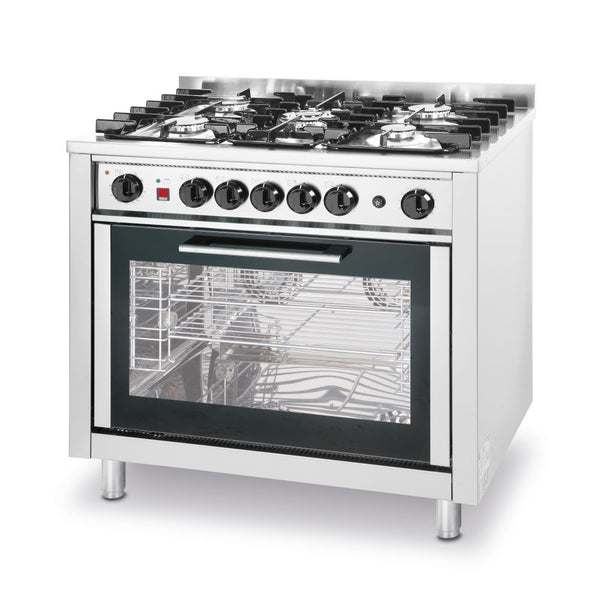 Gasfornuis - 5 pits met elektrische oven, HENDI, Kitchen Line, Zilver, 230V/2900W, 14,3kW, 900x655x(H)900mm