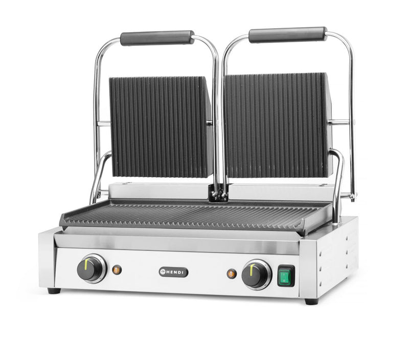 Contactgrill - dubbele versie Geheel geribd, HENDI, boven en onder geribd, 230V/3600W, 570x370x(H)210mm