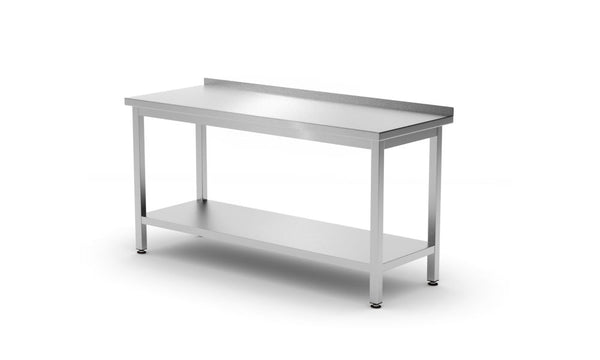 Muurwerktafel met opstaande rand en schap - 600 mm diep, HENDI, Kitchen Line, 1600x600x(H)850mm